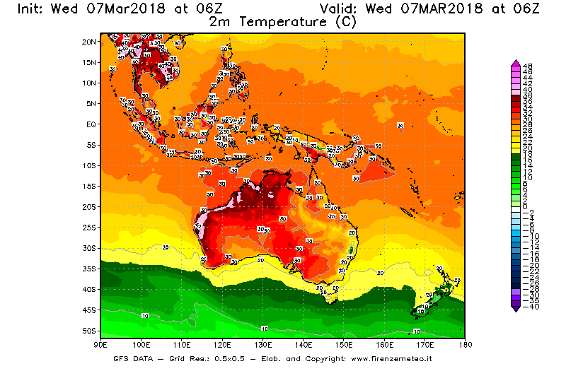Mappa di analisi GFS - Temperatura a 2 metri dal suolo [°C] in Oceania
							del 07/03/2018 06 <!--googleoff: index-->UTC<!--googleon: index-->