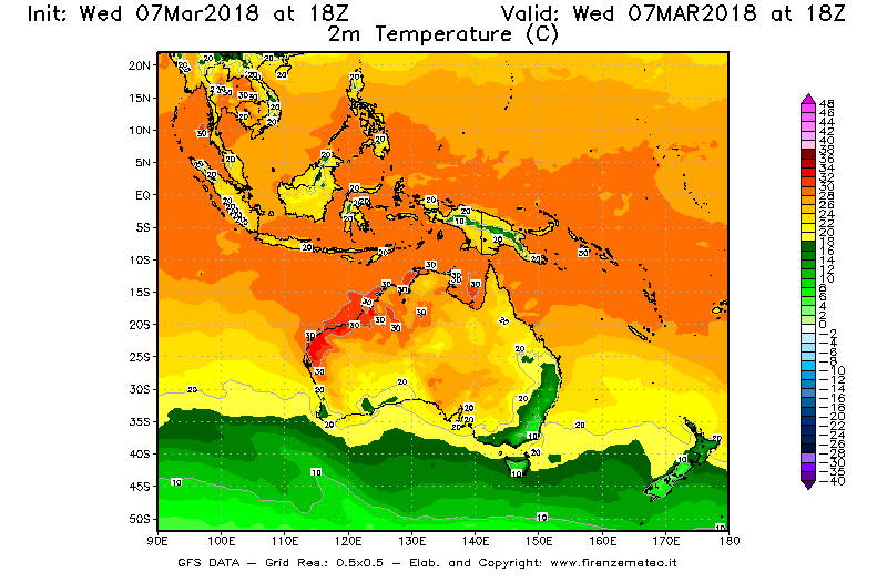 Mappa di analisi GFS - Temperatura a 2 metri dal suolo [°C] in Oceania
							del 07/03/2018 18 <!--googleoff: index-->UTC<!--googleon: index-->