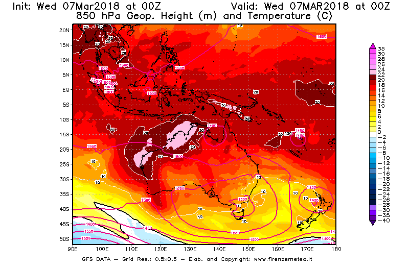 Mappa di analisi GFS - Geopotenziale [m] e Temperatura [°C] a 850 hPa in Oceania
							del 07/03/2018 00 <!--googleoff: index-->UTC<!--googleon: index-->