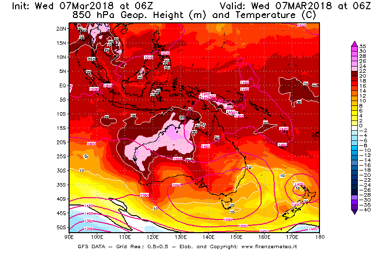 Mappa di analisi GFS - Geopotenziale [m] e Temperatura [°C] a 850 hPa in Oceania
							del 07/03/2018 06 <!--googleoff: index-->UTC<!--googleon: index-->