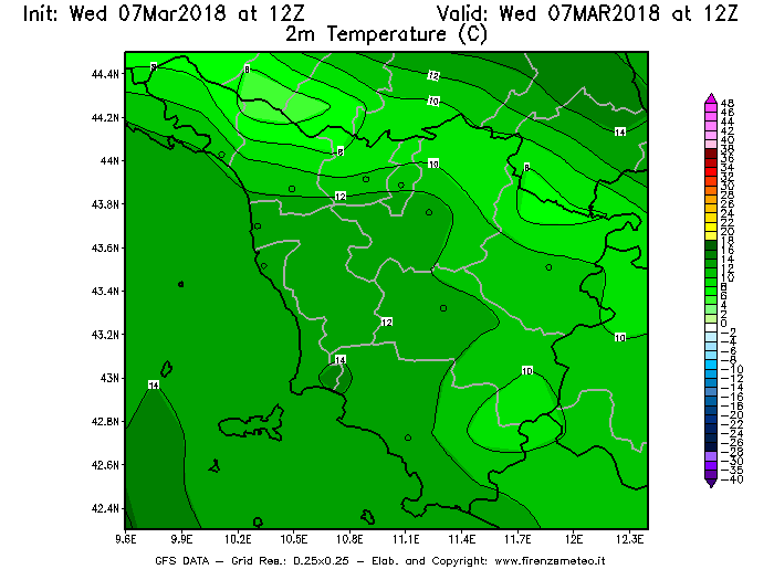 Mappa di analisi GFS - Temperatura a 2 metri dal suolo [°C] in Toscana
							del 07/03/2018 12 <!--googleoff: index-->UTC<!--googleon: index-->