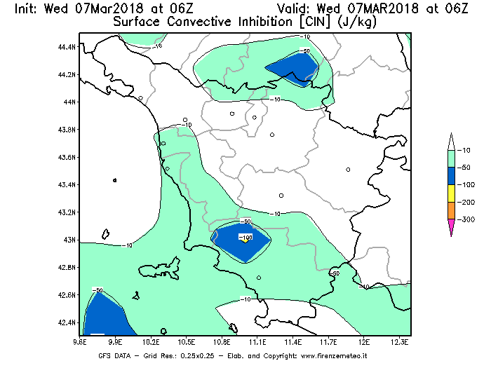 Mappa di analisi GFS - CIN [J/kg] in Toscana
							del 07/03/2018 06 <!--googleoff: index-->UTC<!--googleon: index-->