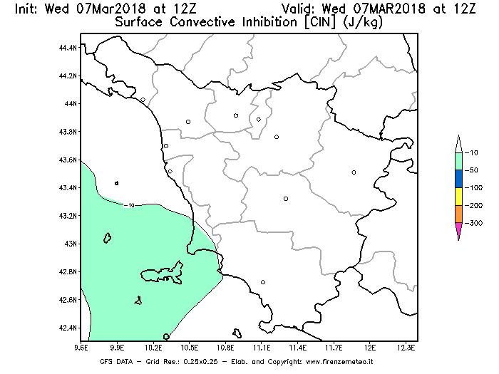 Mappa di analisi GFS - CIN [J/kg] in Toscana
							del 07/03/2018 12 <!--googleoff: index-->UTC<!--googleon: index-->