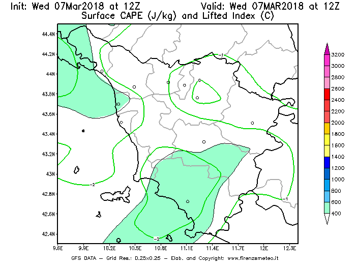 Mappa di analisi GFS - CAPE [J/kg] e Lifted Index [°C] in Toscana
							del 07/03/2018 12 <!--googleoff: index-->UTC<!--googleon: index-->