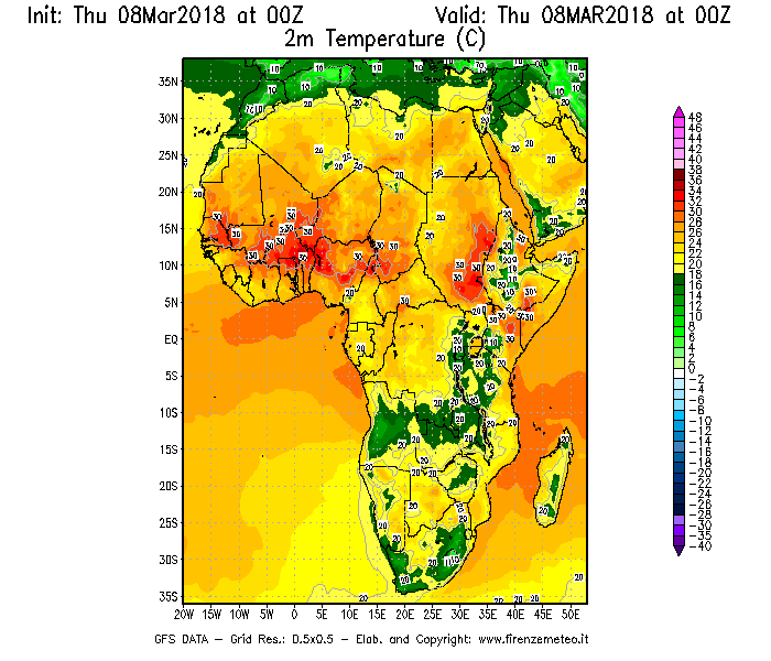 Mappa di analisi GFS - Temperatura a 2 metri dal suolo [°C] in Africa
							del 08/03/2018 00 <!--googleoff: index-->UTC<!--googleon: index-->