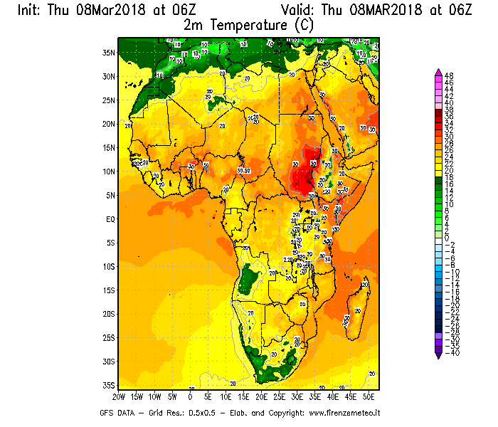 Mappa di analisi GFS - Temperatura a 2 metri dal suolo [°C] in Africa
									del 08/03/2018 06 <!--googleoff: index-->UTC<!--googleon: index-->