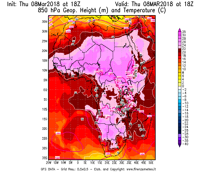 Mappa di analisi GFS - Geopotenziale [m] e Temperatura [°C] a 850 hPa in Africa
							del 08/03/2018 18 <!--googleoff: index-->UTC<!--googleon: index-->