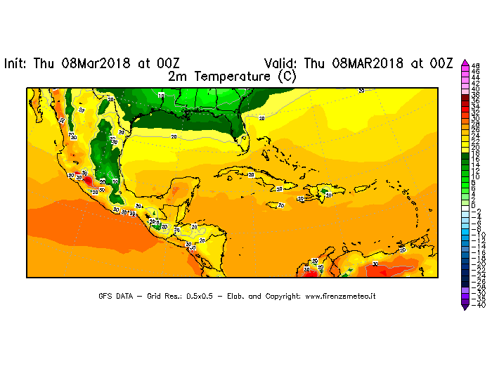 Mappa di analisi GFS - Temperatura a 2 metri dal suolo [°C] in Centro-America
									del 08/03/2018 00 <!--googleoff: index-->UTC<!--googleon: index-->