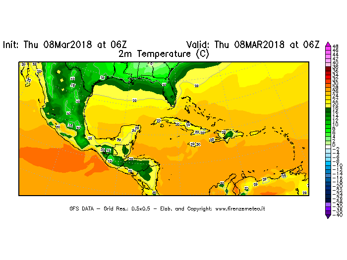 Mappa di analisi GFS - Temperatura a 2 metri dal suolo [°C] in Centro-America
							del 08/03/2018 06 <!--googleoff: index-->UTC<!--googleon: index-->