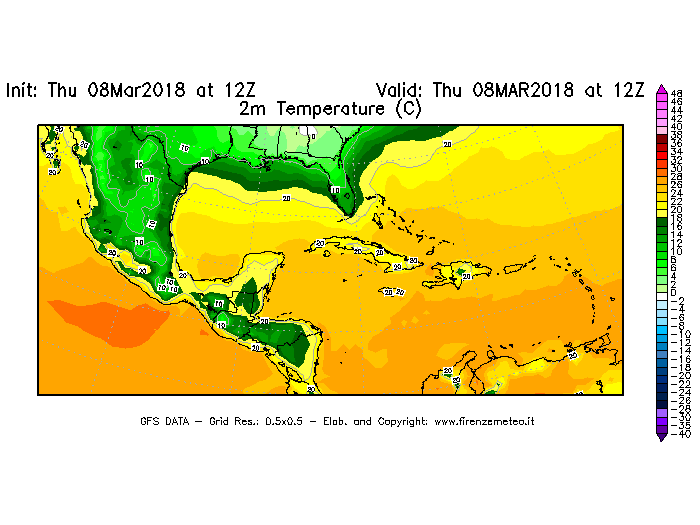 Mappa di analisi GFS - Temperatura a 2 metri dal suolo [°C] in Centro-America
							del 08/03/2018 12 <!--googleoff: index-->UTC<!--googleon: index-->