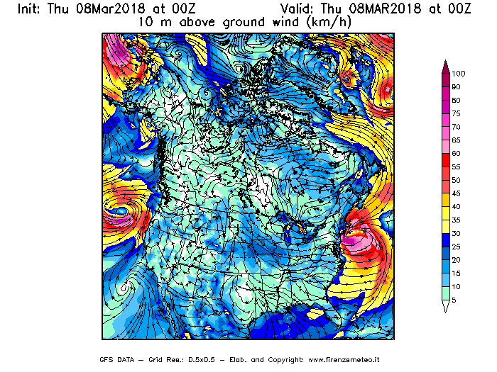 Mappa di analisi GFS - Velocità del vento a 10 metri dal suolo [km/h] in Nord-America
							del 08/03/2018 00 <!--googleoff: index-->UTC<!--googleon: index-->