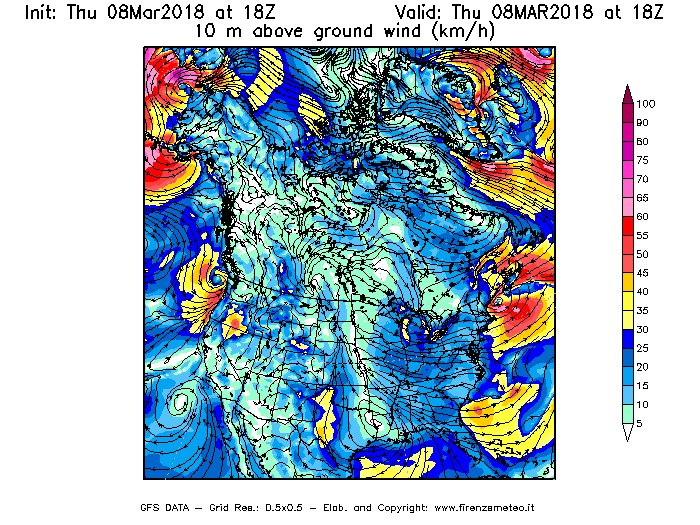 Mappa di analisi GFS - Velocità del vento a 10 metri dal suolo [km/h] in Nord-America
									del 08/03/2018 18 <!--googleoff: index-->UTC<!--googleon: index-->