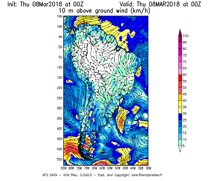 Mappa di analisi GFS - Velocità del vento a 10 metri dal suolo [km/h] in Sud-America
									del 08/03/2018 00 <!--googleoff: index-->UTC<!--googleon: index-->