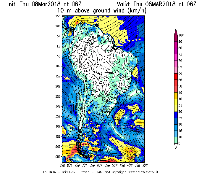 Mappa di analisi GFS - Velocità del vento a 10 metri dal suolo [km/h] in Sud-America
									del 08/03/2018 06 <!--googleoff: index-->UTC<!--googleon: index-->