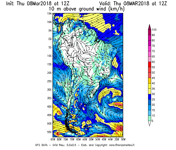 Mappa di analisi GFS - Velocità del vento a 10 metri dal suolo [km/h] in Sud-America
									del 08/03/2018 12 <!--googleoff: index-->UTC<!--googleon: index-->
