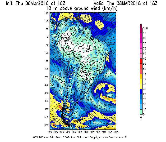 Mappa di analisi GFS - Velocità del vento a 10 metri dal suolo [km/h] in Sud-America
									del 08/03/2018 18 <!--googleoff: index-->UTC<!--googleon: index-->