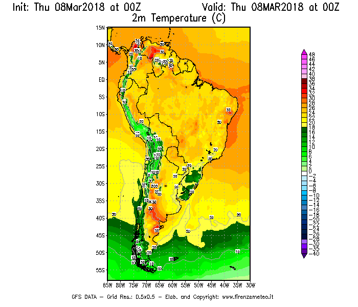 Mappa di analisi GFS - Temperatura a 2 metri dal suolo [°C] in Sud-America
									del 08/03/2018 00 <!--googleoff: index-->UTC<!--googleon: index-->