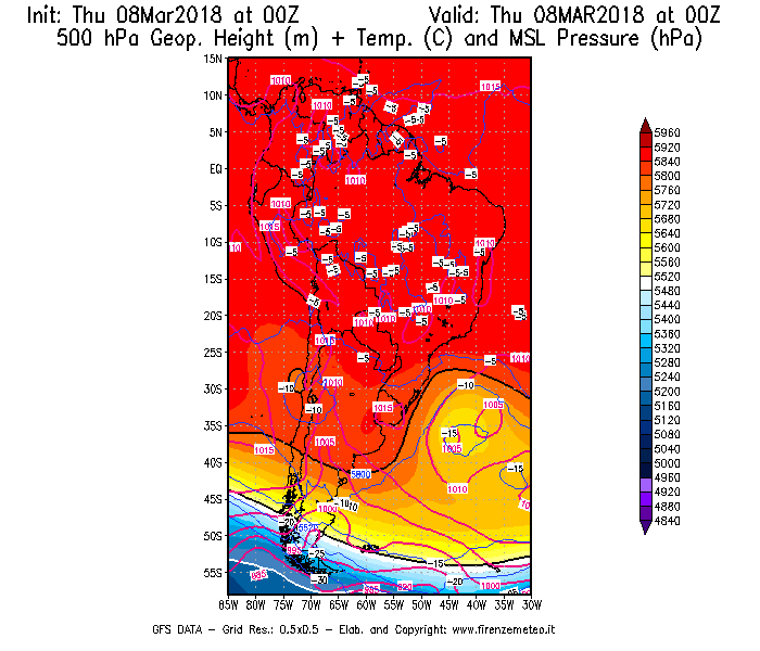 Mappa di analisi GFS - Geopotenziale [m] + Temp. [°C] a 500 hPa + Press. a livello del mare [hPa] in Sud-America
							del 08/03/2018 00 <!--googleoff: index-->UTC<!--googleon: index-->