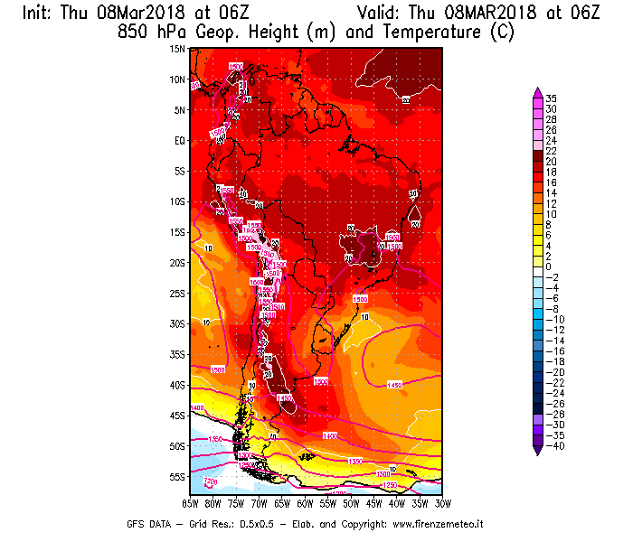 Mappa di analisi GFS - Geopotenziale [m] e Temperatura [°C] a 850 hPa in Sud-America
							del 08/03/2018 06 <!--googleoff: index-->UTC<!--googleon: index-->