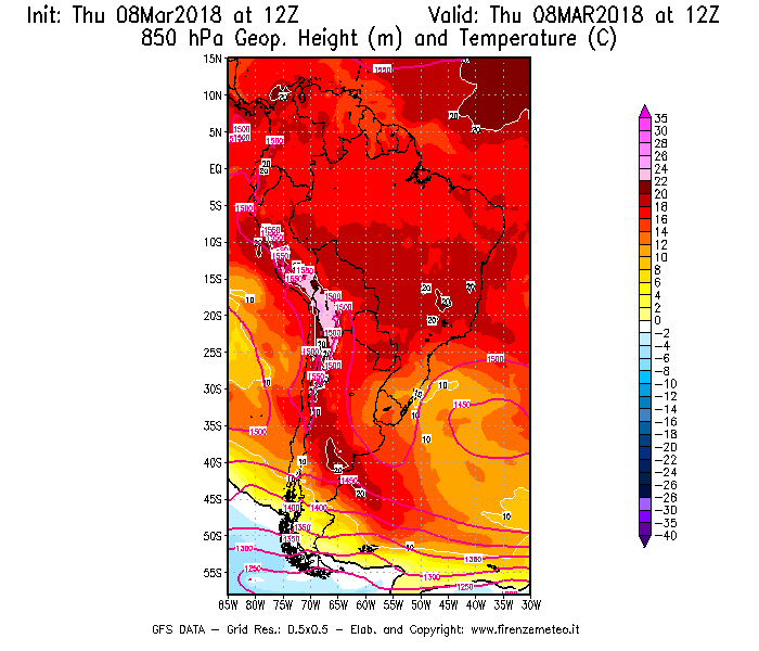 Mappa di analisi GFS - Geopotenziale [m] e Temperatura [°C] a 850 hPa in Sud-America
							del 08/03/2018 12 <!--googleoff: index-->UTC<!--googleon: index-->