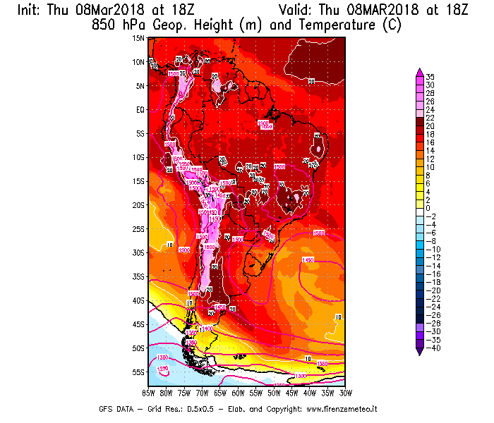 Mappa di analisi GFS - Geopotenziale [m] e Temperatura [°C] a 850 hPa in Sud-America
							del 08/03/2018 18 <!--googleoff: index-->UTC<!--googleon: index-->