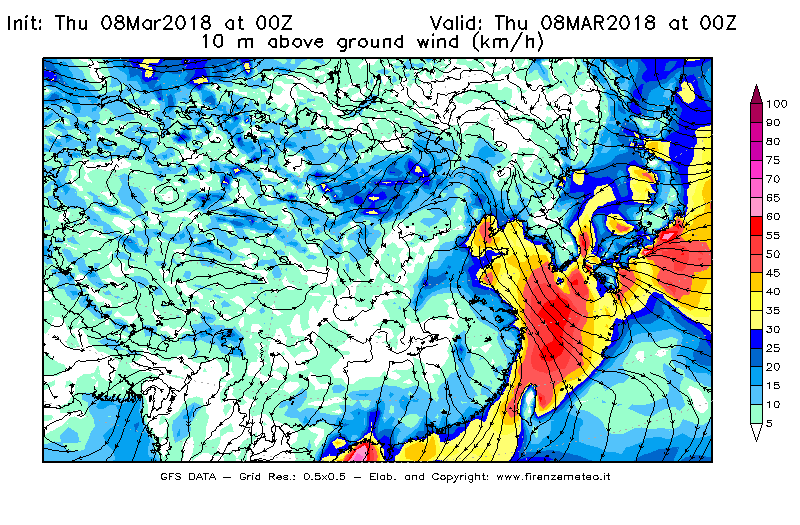 Mappa di analisi GFS - Velocità del vento a 10 metri dal suolo [km/h] in Asia Orientale
									del 08/03/2018 00 <!--googleoff: index-->UTC<!--googleon: index-->