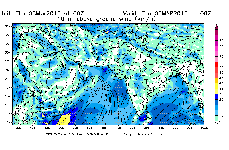 Mappa di analisi GFS - Velocità del vento a 10 metri dal suolo [km/h] in Asia Sud-Occidentale
									del 08/03/2018 00 <!--googleoff: index-->UTC<!--googleon: index-->