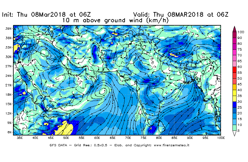 Mappa di analisi GFS - Velocità del vento a 10 metri dal suolo [km/h] in Asia Sud-Occidentale
									del 08/03/2018 06 <!--googleoff: index-->UTC<!--googleon: index-->