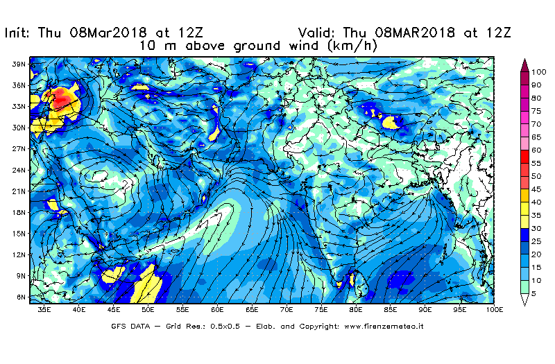 Mappa di analisi GFS - Velocità del vento a 10 metri dal suolo [km/h] in Asia Sud-Occidentale
									del 08/03/2018 12 <!--googleoff: index-->UTC<!--googleon: index-->