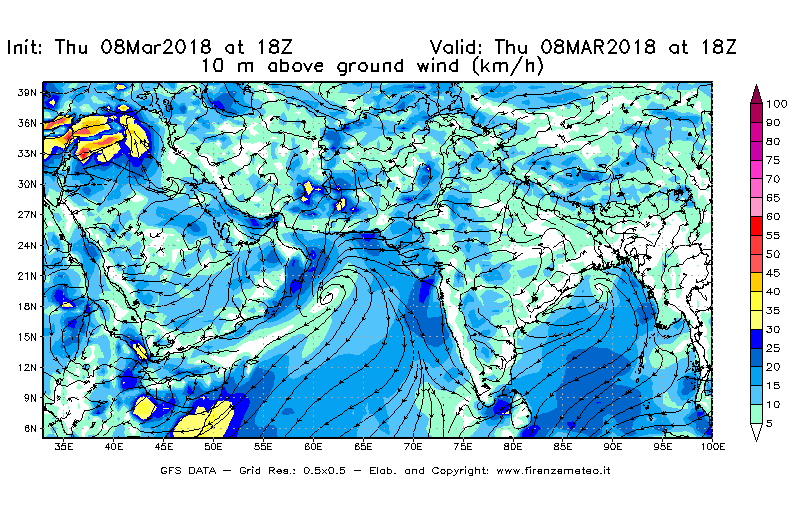Mappa di analisi GFS - Velocità del vento a 10 metri dal suolo [km/h] in Asia Sud-Occidentale
									del 08/03/2018 18 <!--googleoff: index-->UTC<!--googleon: index-->