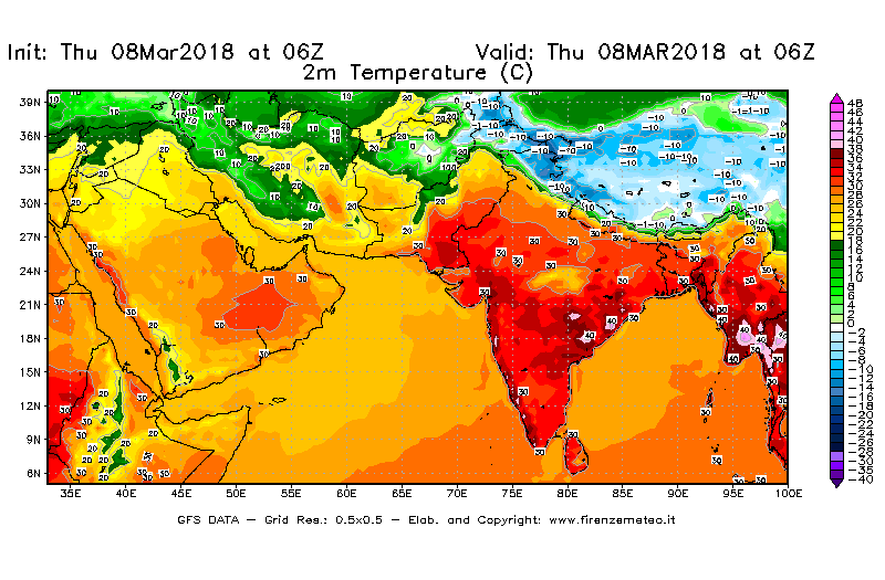 Mappa di analisi GFS - Temperatura a 2 metri dal suolo [°C] in Asia Sud-Occidentale
									del 08/03/2018 06 <!--googleoff: index-->UTC<!--googleon: index-->