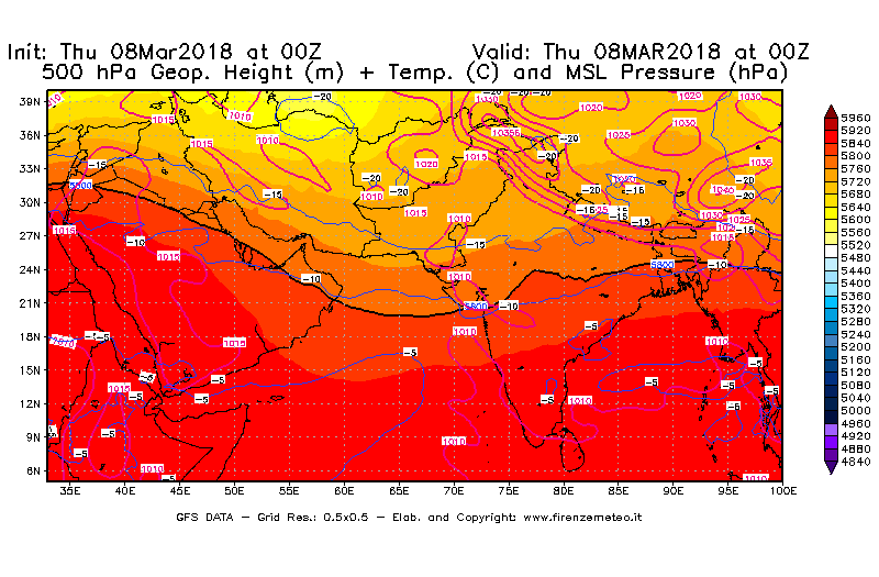 Mappa di analisi GFS - Geopotenziale [m] + Temp. [°C] a 500 hPa + Press. a livello del mare [hPa] in Asia Sud-Occidentale
									del 08/03/2018 00 <!--googleoff: index-->UTC<!--googleon: index-->