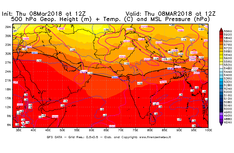 Mappa di analisi GFS - Geopotenziale [m] + Temp. [°C] a 500 hPa + Press. a livello del mare [hPa] in Asia Sud-Occidentale
							del 08/03/2018 12 <!--googleoff: index-->UTC<!--googleon: index-->