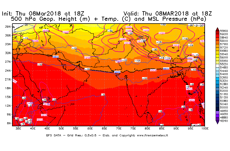 Mappa di analisi GFS - Geopotenziale [m] + Temp. [°C] a 500 hPa + Press. a livello del mare [hPa] in Asia Sud-Occidentale
									del 08/03/2018 18 <!--googleoff: index-->UTC<!--googleon: index-->