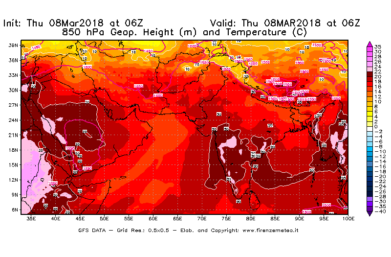 Mappa di analisi GFS - Geopotenziale [m] e Temperatura [°C] a 850 hPa in Asia Sud-Occidentale
									del 08/03/2018 06 <!--googleoff: index-->UTC<!--googleon: index-->
