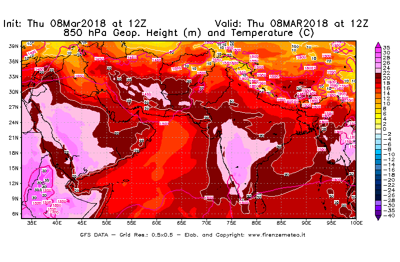Mappa di analisi GFS - Geopotenziale [m] e Temperatura [°C] a 850 hPa in Asia Sud-Occidentale
							del 08/03/2018 12 <!--googleoff: index-->UTC<!--googleon: index-->