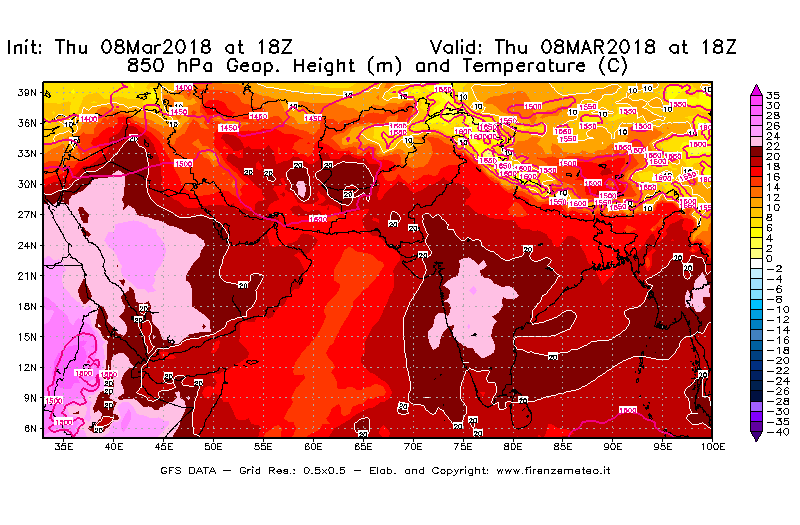 Mappa di analisi GFS - Geopotenziale [m] e Temperatura [°C] a 850 hPa in Asia Sud-Occidentale
									del 08/03/2018 18 <!--googleoff: index-->UTC<!--googleon: index-->