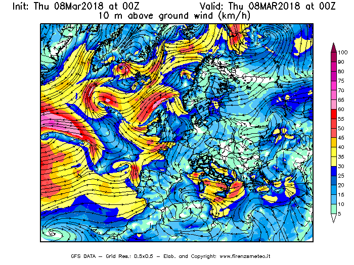 Mappa di analisi GFS - Velocità del vento a 10 metri dal suolo [km/h] in Europa
							del 08/03/2018 00 <!--googleoff: index-->UTC<!--googleon: index-->