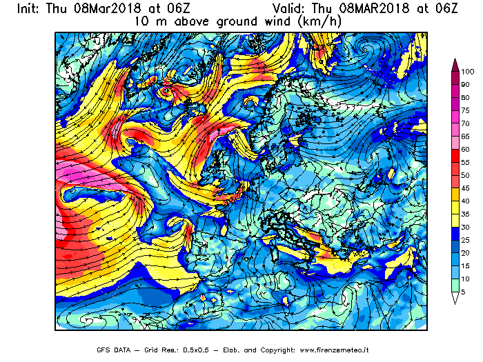 Mappa di analisi GFS - Velocità del vento a 10 metri dal suolo [km/h] in Europa
									del 08/03/2018 06 <!--googleoff: index-->UTC<!--googleon: index-->