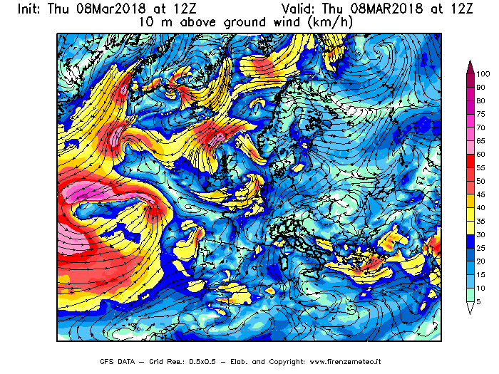 Mappa di analisi GFS - Velocità del vento a 10 metri dal suolo [km/h] in Europa
									del 08/03/2018 12 <!--googleoff: index-->UTC<!--googleon: index-->