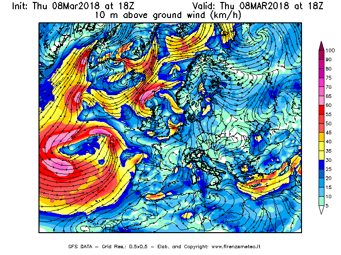 Mappa di analisi GFS - Velocità del vento a 10 metri dal suolo [km/h] in Europa
							del 08/03/2018 18 <!--googleoff: index-->UTC<!--googleon: index-->