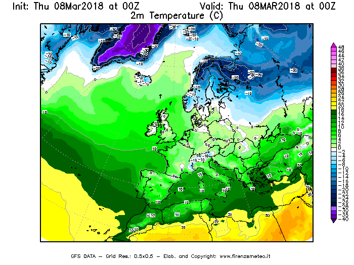 Mappa di analisi GFS - Temperatura a 2 metri dal suolo [°C] in Europa
							del 08/03/2018 00 <!--googleoff: index-->UTC<!--googleon: index-->