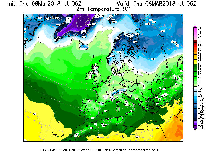 Mappa di analisi GFS - Temperatura a 2 metri dal suolo [°C] in Europa
							del 08/03/2018 06 <!--googleoff: index-->UTC<!--googleon: index-->