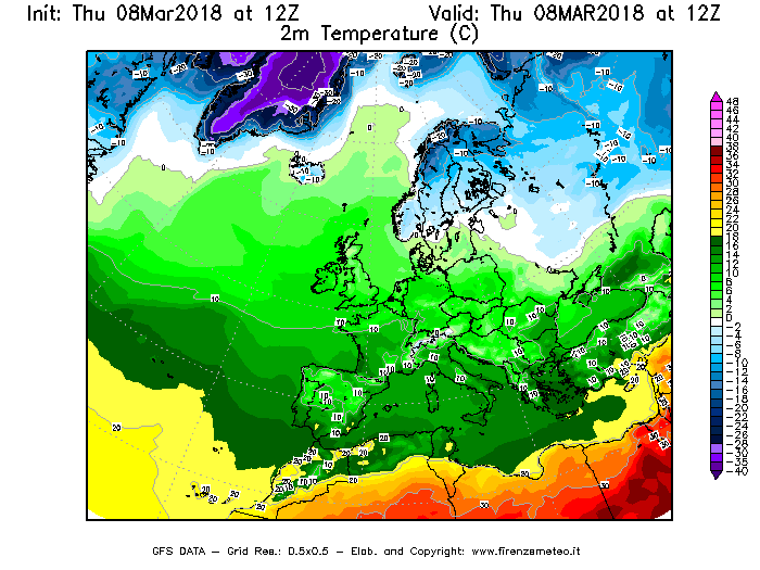 Mappa di analisi GFS - Temperatura a 2 metri dal suolo [°C] in Europa
									del 08/03/2018 12 <!--googleoff: index-->UTC<!--googleon: index-->