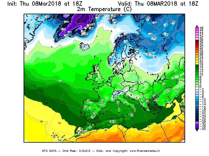 Mappa di analisi GFS - Temperatura a 2 metri dal suolo [°C] in Europa
							del 08/03/2018 18 <!--googleoff: index-->UTC<!--googleon: index-->