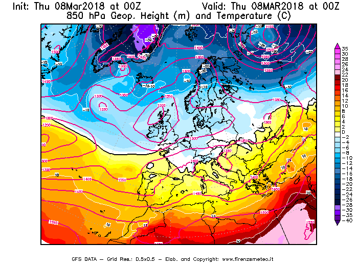 Mappa di analisi GFS - Geopotenziale [m] e Temperatura [°C] a 850 hPa in Europa
							del 08/03/2018 00 <!--googleoff: index-->UTC<!--googleon: index-->