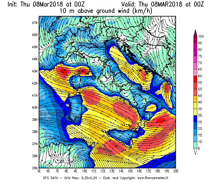 Mappa di analisi GFS - Velocità del vento a 10 metri dal suolo [km/h] in Italia
									del 08/03/2018 00 <!--googleoff: index-->UTC<!--googleon: index-->