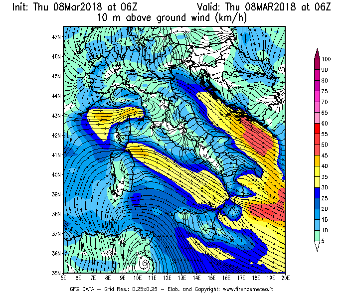 Mappa di analisi GFS - Velocità del vento a 10 metri dal suolo [km/h] in Italia
									del 08/03/2018 06 <!--googleoff: index-->UTC<!--googleon: index-->