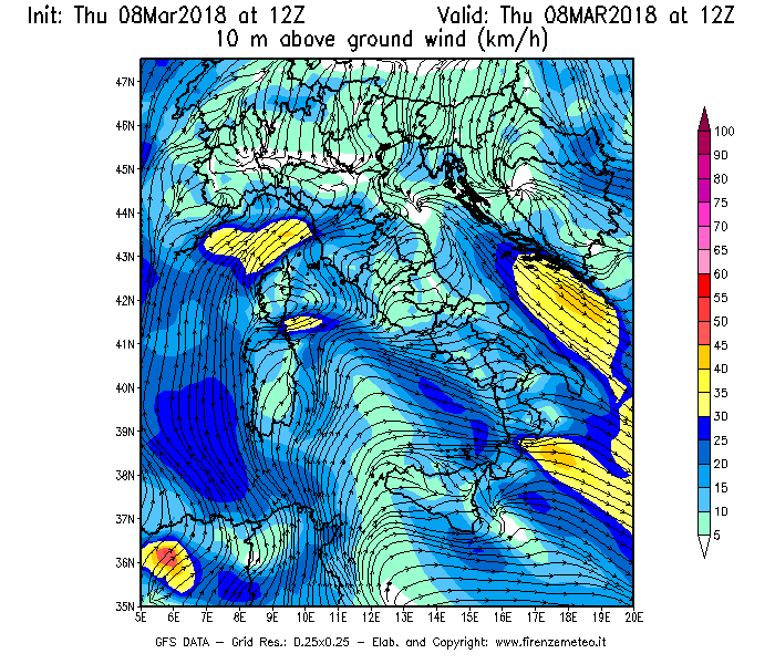 Mappa di analisi GFS - Velocità del vento a 10 metri dal suolo [km/h] in Italia
									del 08/03/2018 12 <!--googleoff: index-->UTC<!--googleon: index-->
