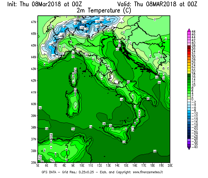 Mappa di analisi GFS - Temperatura a 2 metri dal suolo [°C] in Italia
							del 08/03/2018 00 <!--googleoff: index-->UTC<!--googleon: index-->